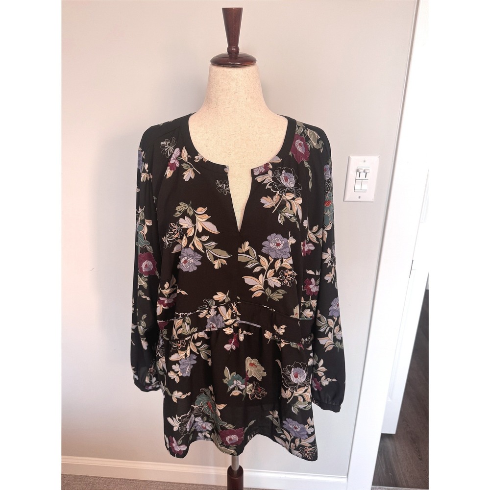 LOFT | Peplum Blouse Womens 22 Black Floral Long Sleeve V-Neck Tunic Top